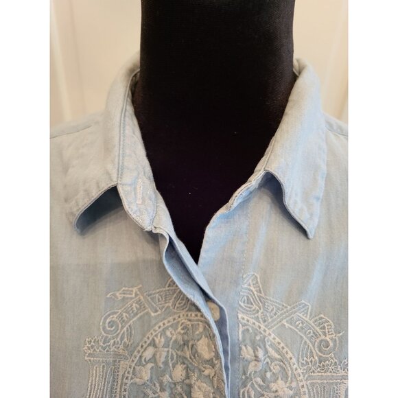 Vintage 80's Chambray Embroidered Blouse sz L T Cottagecore Western Equestrian - Picture 5 of 7